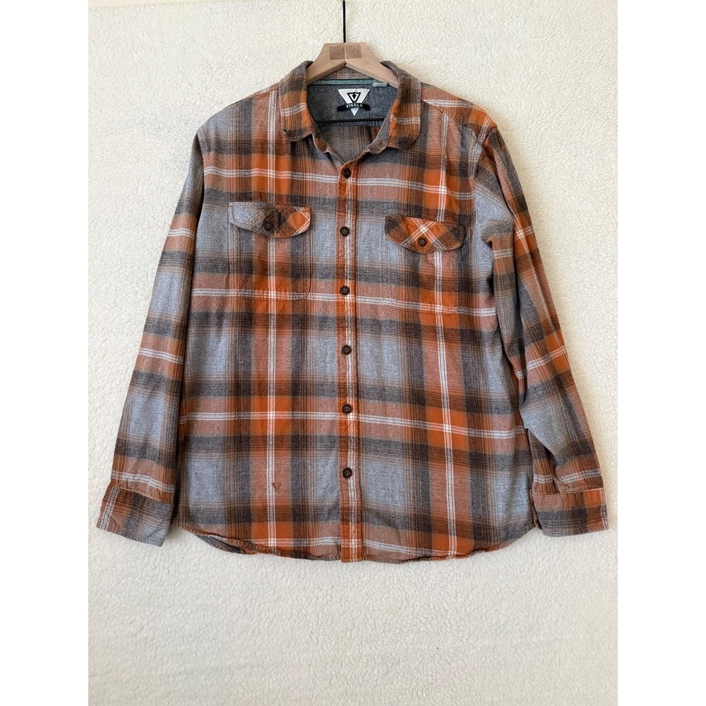 Vissla Shirt Mens Large Orange Gray Plaid Flannel Button Up Long Sleeve Casual
